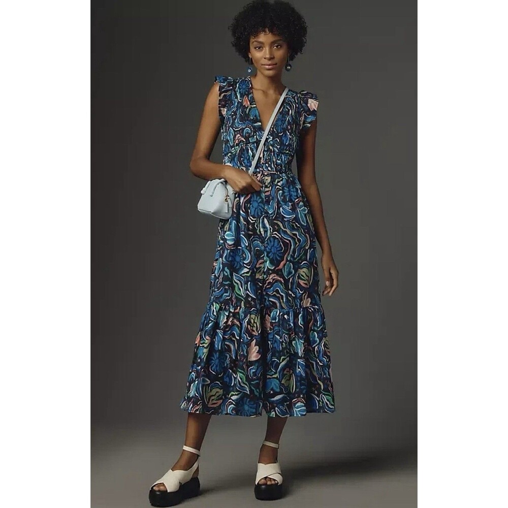 Anthropologie Navy Blue Multi-Print Ruffle Sleeve Midi Dress